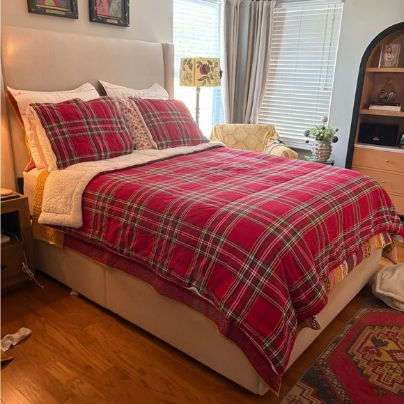 Pottery Barn Stewart Red Plaid Comforter and Shams with Shearling Backing. - Picture 1 of 9